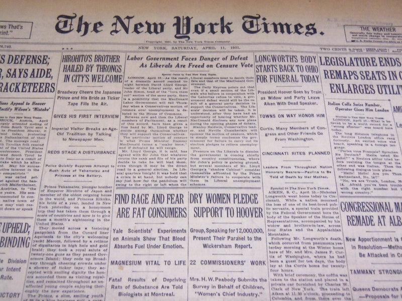 1931 APRIL 11 NEW YORK TIMES - DRY WOMEN PLEDGE SUPPORT TO HOOVER - NT 2222