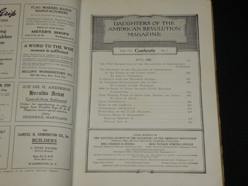 1922 DAUGHTERS OF THE AMERICAN REVOLUTION MAGAZINE LOT OF 2 ISSUES - J 6943