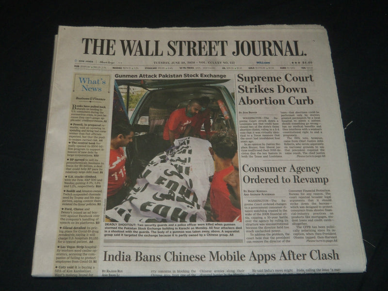 2020 JUNE 30 THE WALL STREET JOURNAL - SUPREME COURT STRIKES DOWN ABORTION CURB