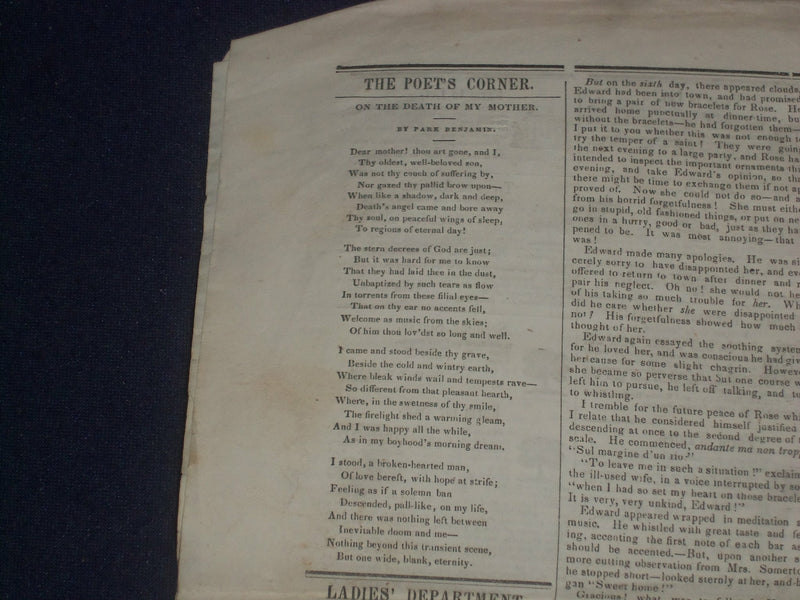 1849 FEB 17 MASSACHUSETTS PLOUGHMAN-DEATH OF MY MOTHER BY PARK BENJAMIN- NP 5161