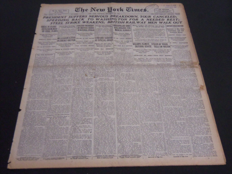 1919 SEPT 27 NEW YORK TIMES - PRESIDENT SUFFERS NERVOUS BREAKDOWN - NT 7034