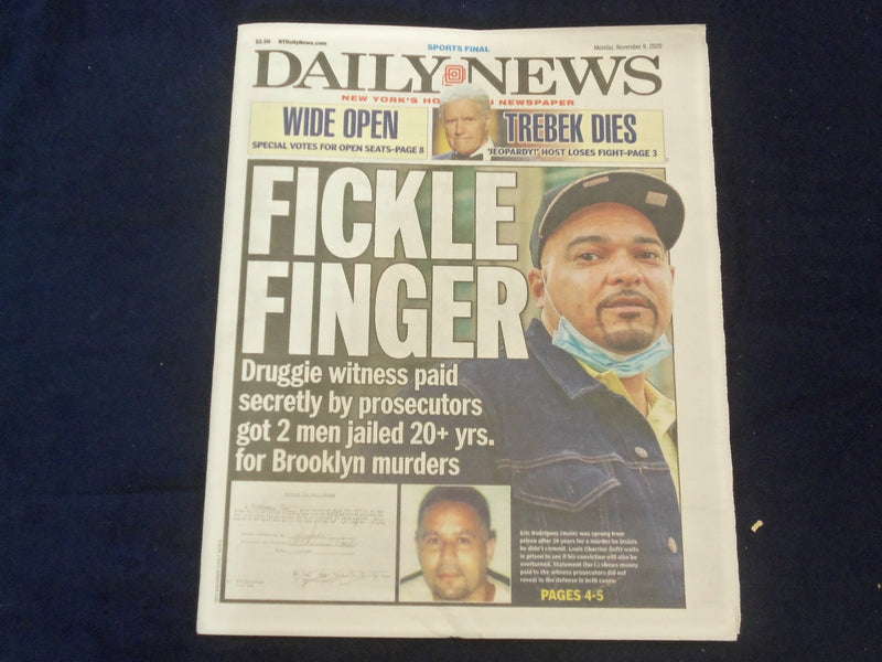2020 NOVEMBER 9 NEW YORK DAILY NEWS NEWSPAPER - ALEX TREBEK DIED (1940-2020)