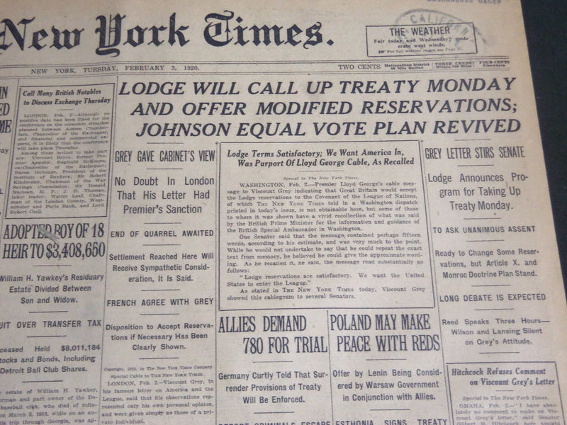1920 FEBRUARY 3 NEW YORK TIMES - LODGE WIL CALL UP TREATY MONDAY - NT 6788