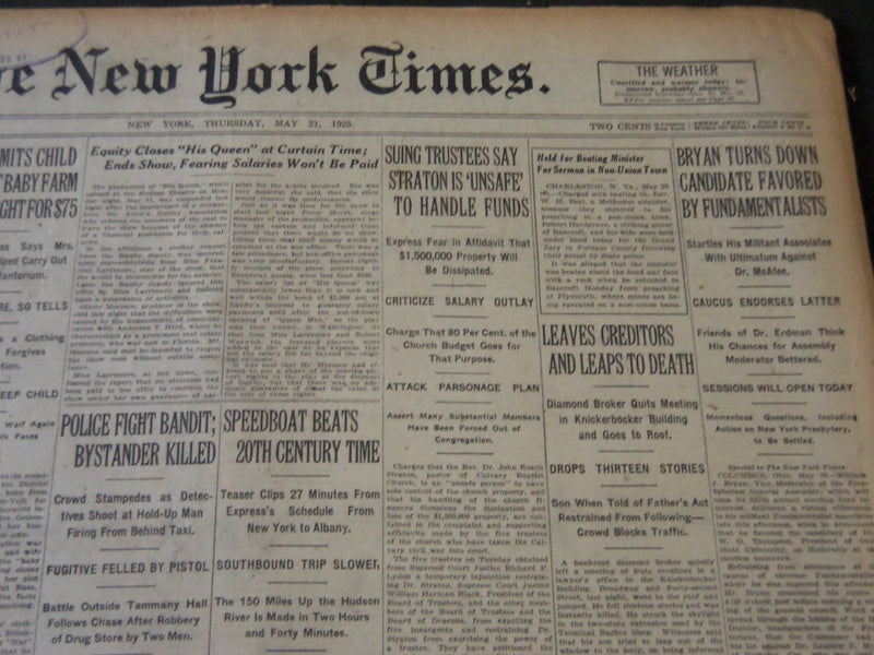 1925 MAY 21 NEW YORK TIMES - BRYAN TURNS DOWN FUNDAMENTALIST CANDIDATE - NT 5450