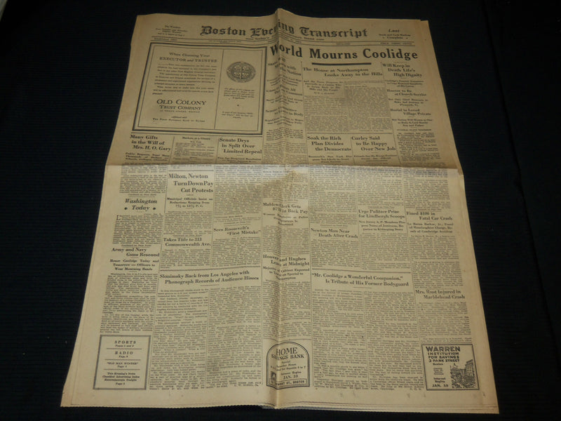 1933 JANUARY 6 BOSTON TRANSCRIPT NEWSPAPER - WORLD MOURNS COOLIDGE- NP 4251F