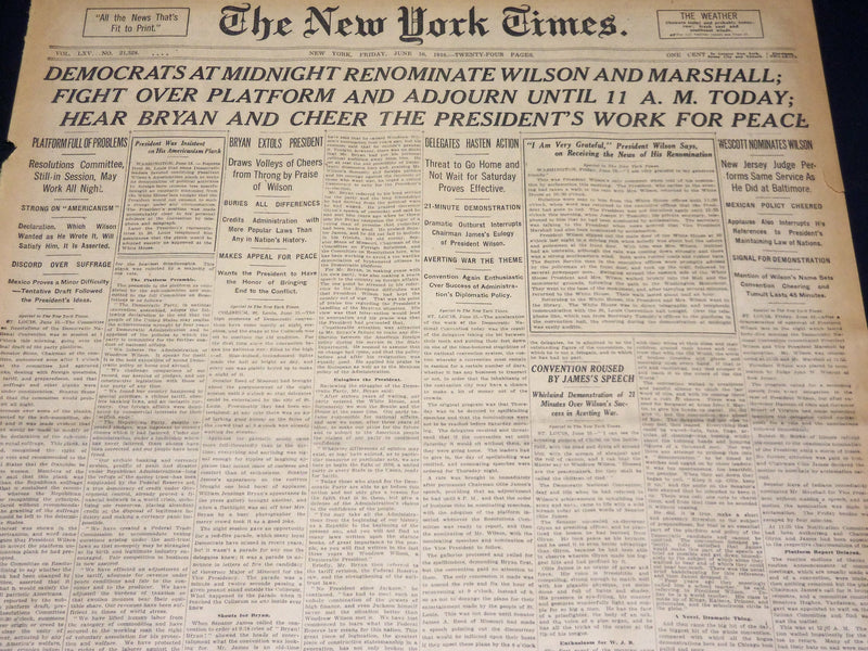 1916 JUNE 16 NEW YORK TIMES - DEMOCRATS RENOMINATE WILSON & MARSHALL - NT 8615