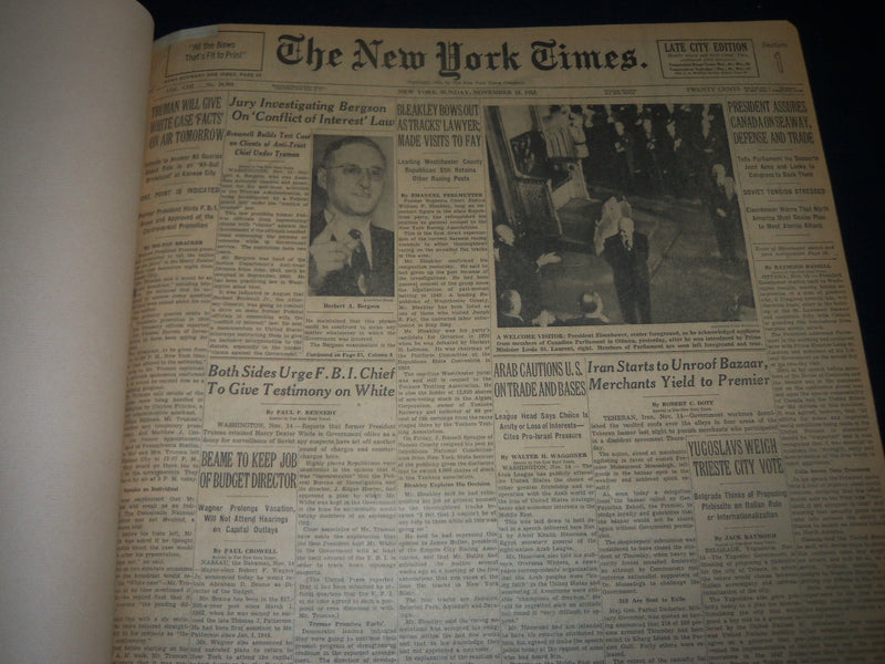 1953 NOV 15 NEW YORK TIMES JURY INVESTIGATING BERGSON CONFLICT INTEREST- NT 7219