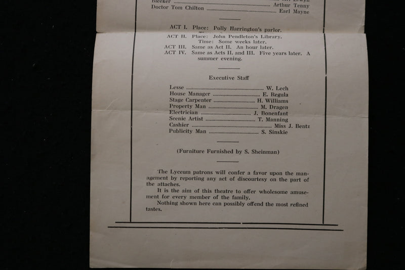 1921 JUNE 13 LYCEUM THEATRE PROGRAM - POLLYANNA - K 1829