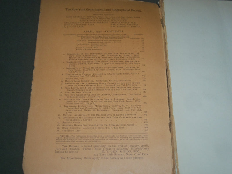 1930 APRIL THE NEW YORK GENEALOGICAL & BIOGRAPHICAL RECORD QUARTERLY - J 2692