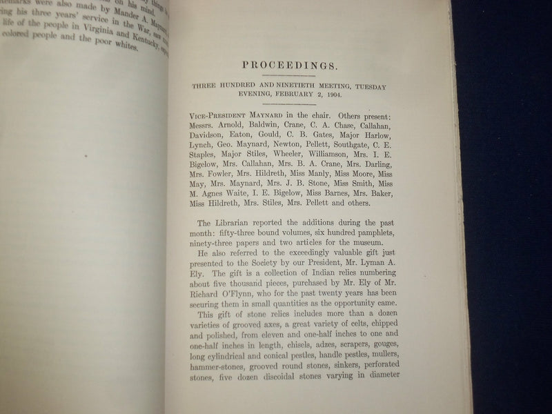 1904 WORCESTER SOCIETY OF ANTIQUITY PROCEEDINGS - NUMBER 1, VOLUME 20 - J 4606