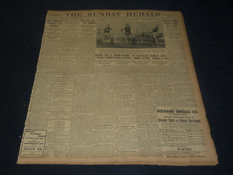 1908 MAY 17 THE BOSTON HERALD - ROBBINS EQUALLING WORLD'S HURDLE MARK - BH 70