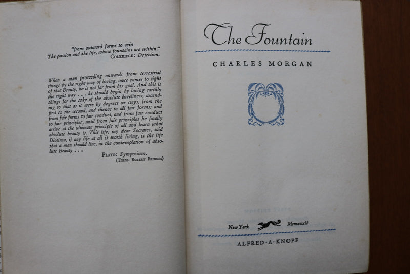 1932 THE FOUNTAIN HARDCOVER BOOK BY CHARLES MORGAN - KD 9608