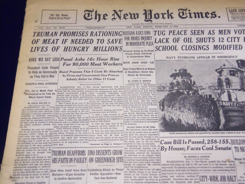 1946 FEBRUARY 8 NEW YORK TIMES - TRUMAN PROMISES RATIONING OF MEAT - NT 2323