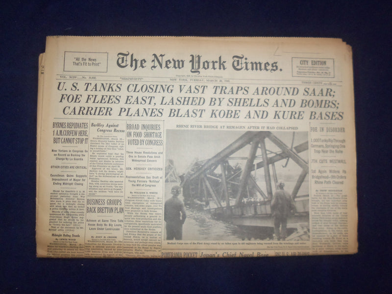 1945 MARCH 20 NEW YORK TIMES -U.S. TANKS CLOSING VAST TRAPS AROUND SAAR- NP 6671