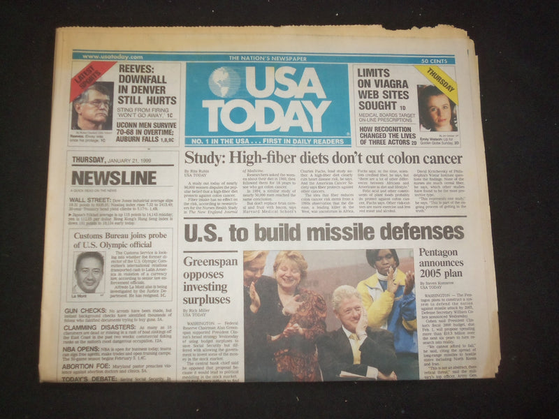 1999 JANUARY 21 USA TODAY NEWSPAPER - U.S. TO BUILD MISSILE DEFENSES - NP 7989