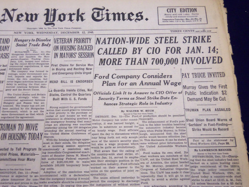 1945 DEC 12 NEW YORK TIMES - NATION WIDE STEEL STRIKE CALLED BY CIO - NT 310