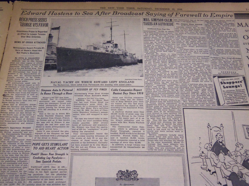 1936 DEC 12 NEW YORK TIMES - EDWARD ON YACHT AFTER FAREWELL TO EMPIRE - NT 2136