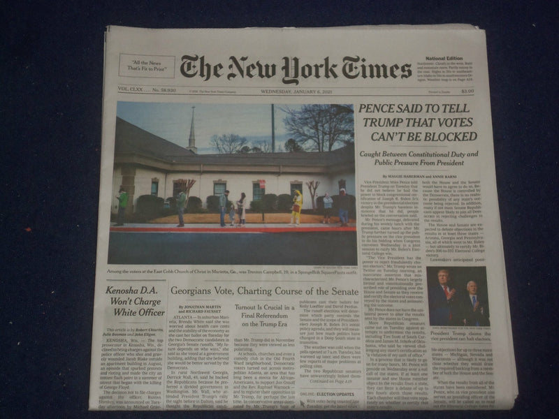 2021 JANUARY 6 NEW YORK TIMES - PENCE SAID TO TELL TRUMP VOTES CAN'T BE BLOCKED
