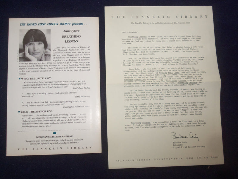 1988 BREATHING LESSONS HARDCOVER BOOK BY ANNE TYLER-SIGNED 1ST EDITION - KD 8987