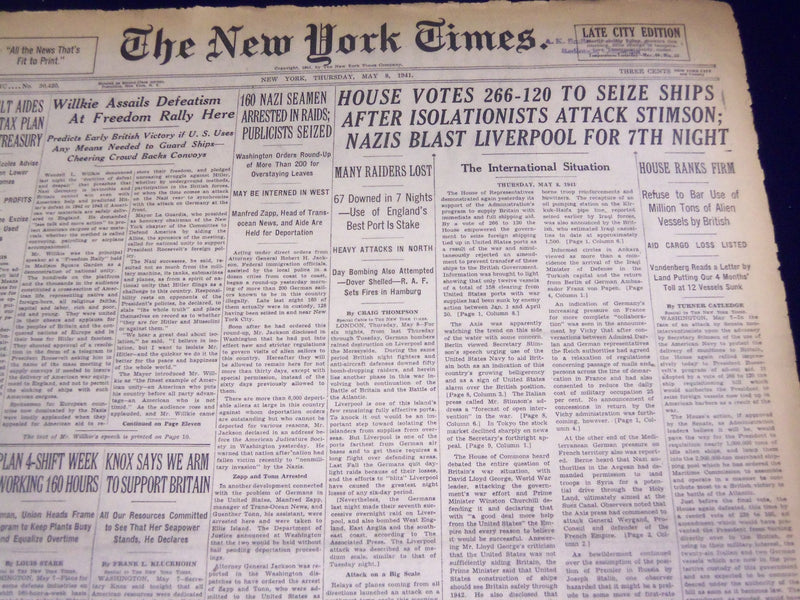 1941 MAY 8 NEW YORK TIMES - HOUSE VOTES 266-120 TO SEIZE SHIPS - NT 1461