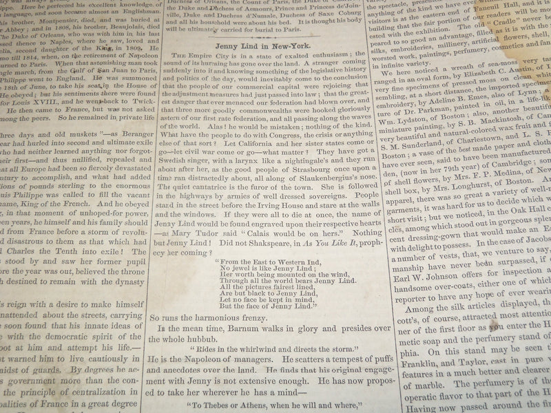 1850 SEPTEMBER 21 BOSTON MUSEUM NEWSPAPER - JENNY LIND - P. T. BARNUM - NP 9053