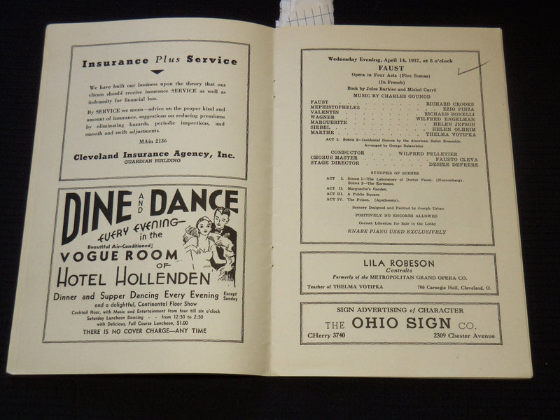 1937 TENTH GRAND OPERA SEASON PROGRAM - CLEVELAND - RUSTICANA - J 8015