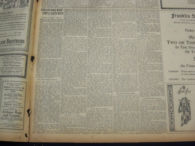 1923 APRIL 27 NEW YORK TIMES - DUKE OF YORK WEDS SIMPLE SCOTS MAID - NT 8349