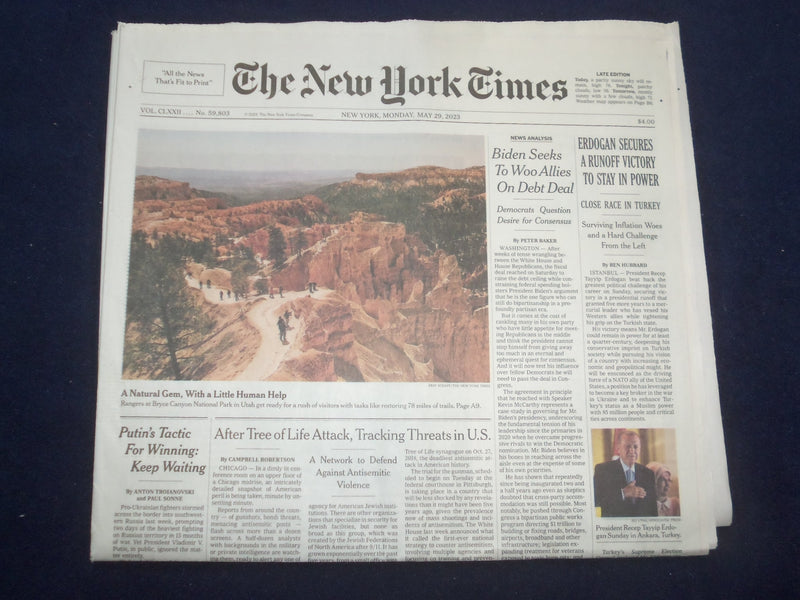 2023 MAY 29 NEW YORK TIMES - ERDOGAN SECURES A RUNOFF VICTORY TO STAY IN POWER