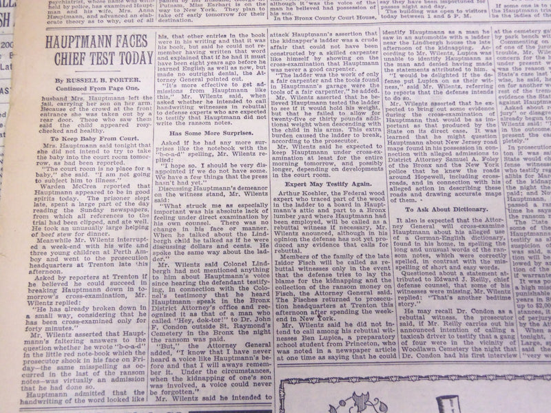 1935 JANUARY 28 NEW YORK TIMES - HAUPTMANN FACES CRUCIAL TEST TODAY - NT 1949