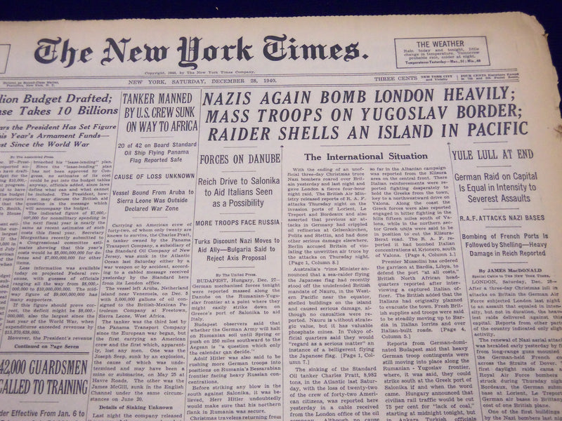 1940 DECEMBER 28 NEW YORK TIMES - NAZIS AGAIN BOMB LONDON HEAVILY - NT 321