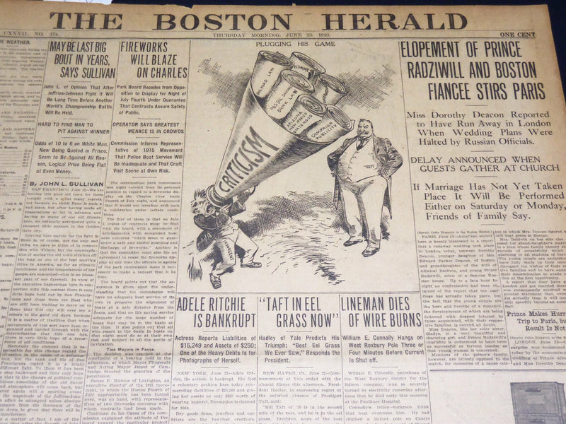 1910 JUNE 23 THE BOSTON HERALD - MAY BE LAST BIG BOOT IN YEARS -SULLIVAN- BH 345