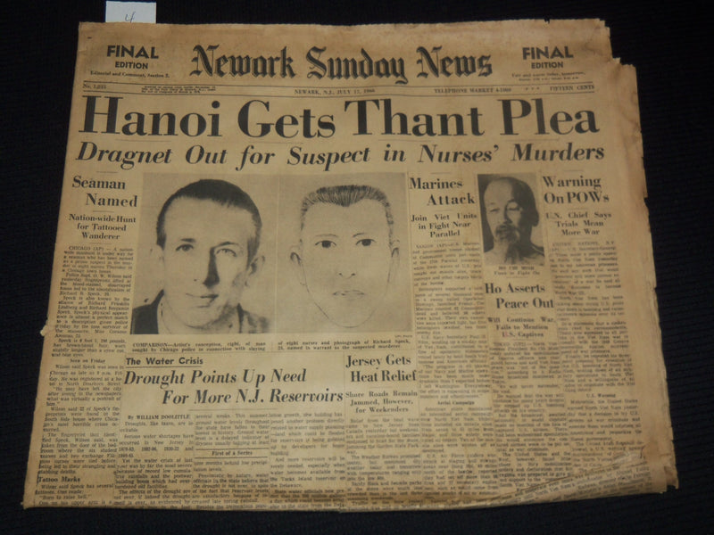 1966 JULY NEWARK EVENING NEWS NEWSPAPER LOT OF 3 - NURSES SLAIN - SPEC - NP 1812