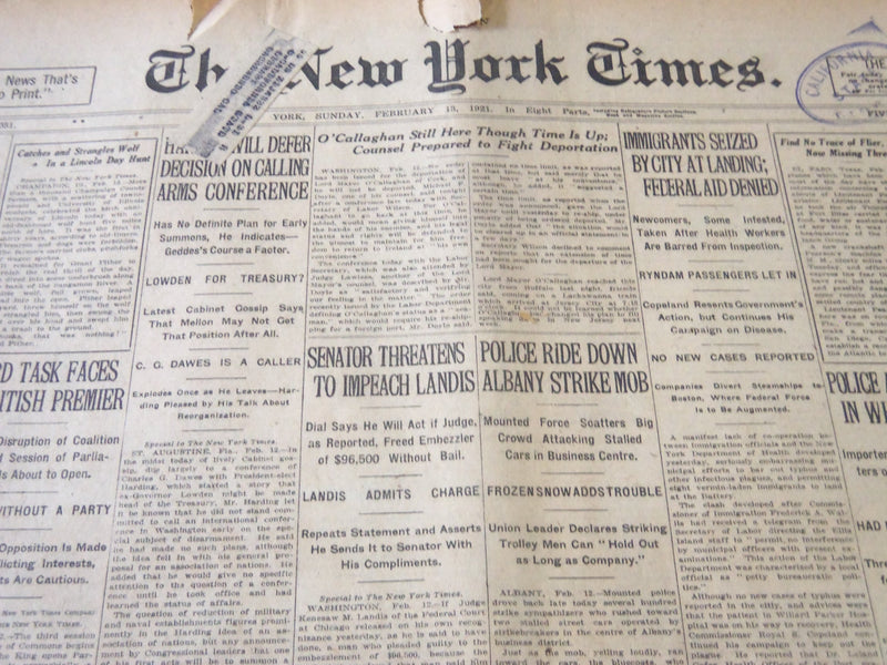 1921 FEBRUARY 13 NEW YORK TIMES - SENATOR THREATENS TO IMPEACH LANDIS - NT 5468