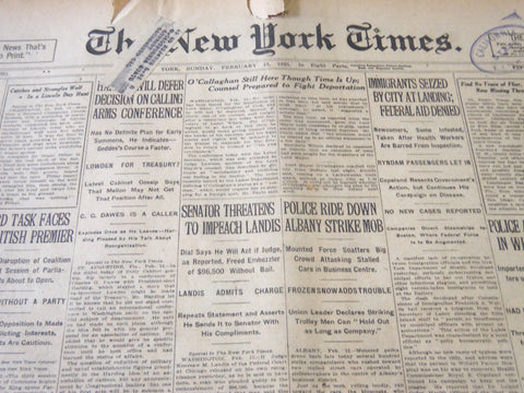 1921 FEBRUARY 13 NEW YORK TIMES - SENATOR THREATENS TO IMPEACH LANDIS - NT 5468