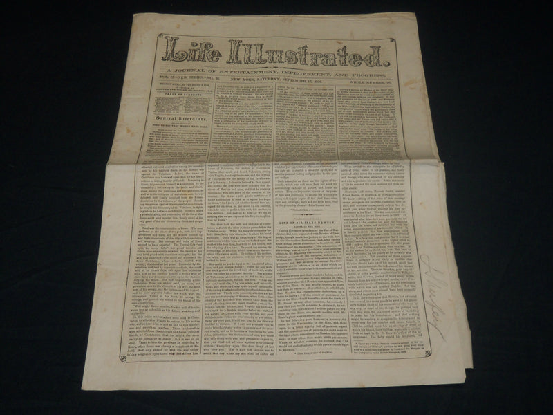 1856 SEPTEMBER 13 LIFE ILLUSTRATED NEWSPAPER - LIFE OF ISAAC NEWTON - NP 4814