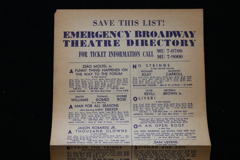 1960'S EMERGENCY BROADWAY THEATRE DIRECTORY - ZERO MOSTEL - UTA HAGEN - K 1904