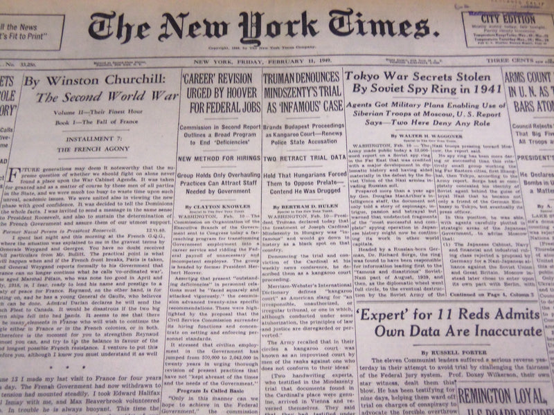 1949 FEBRUARY 11 NEW YORK TIMES - MINDSZENTY TRIAL 'INFAMOUS' - NT 3220