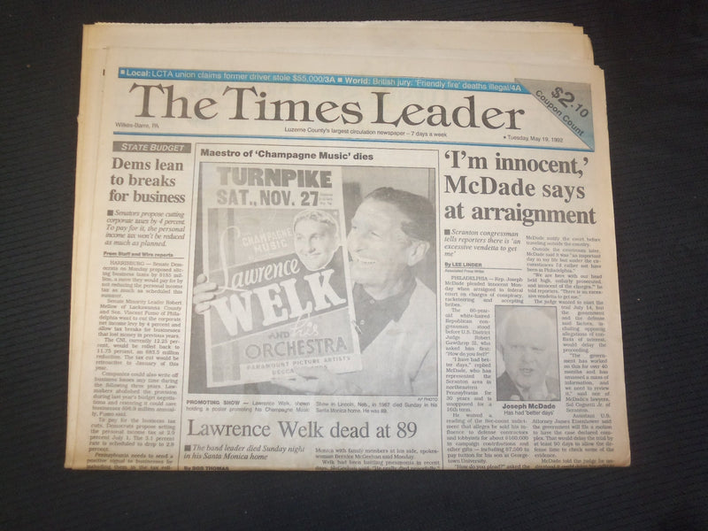 1992 MAY 19 WILKES-BARRE TIMES LEADER - LAWRENCE WELK DEAD AT 92 - NP 7533