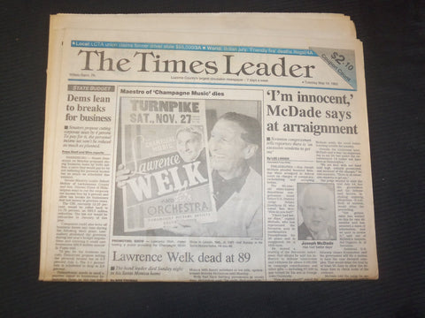 1992 MAY 19 WILKES-BARRE TIMES LEADER - LAWRENCE WELK DEAD AT 92 - NP 7533