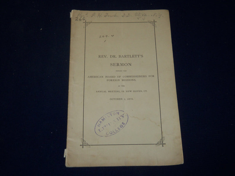 1872 REV. DR. BARTLETT'S SERMON FOR FOREIGN MISSIONS BOOK - J 4411