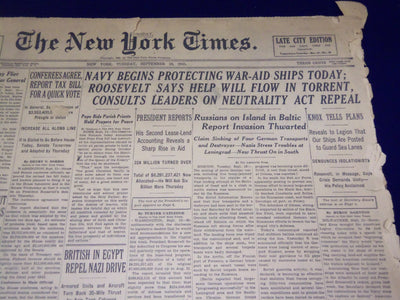 1941 SEPT 16 NEW YORK TIMES - NAVY BEGINS PROTECTING WAR-AID SHIPS - NT 1242