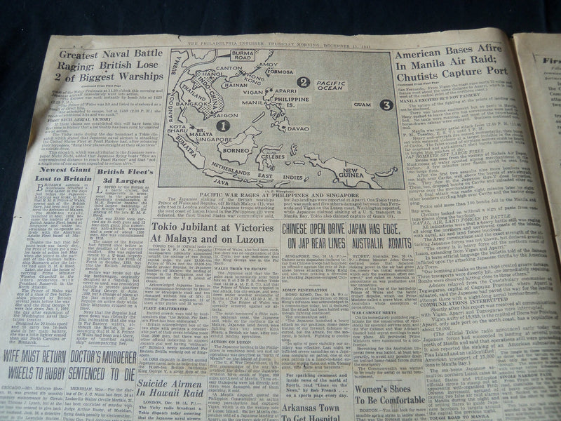 1941 DECEMBER 11 PHILADELPHIA INQUIRER NEWSPAPER - U. S. BASES AFIRE - NT 7243