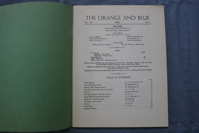 1946-1948 THE ORANGE AND BLUE MAGAZINE-MILTON ACADEMY -LOT 0F 4 + LETTER - K 717