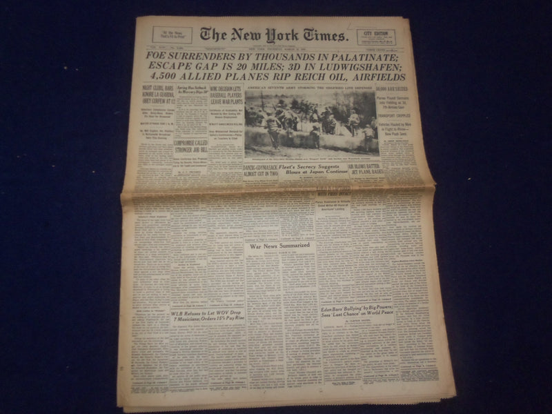 1945 MARCH 22 NEW YORK TIMES -FOE SURRENDERS BY THOUSANDS IN PALATINATE- NP 6673