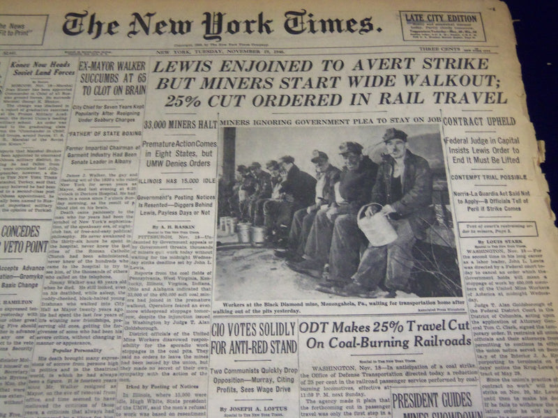 1946 NOVEMBER 19 NEW YORK TIMES - LEWIS ENJOINED TO AVERT STRIKE - NT 847