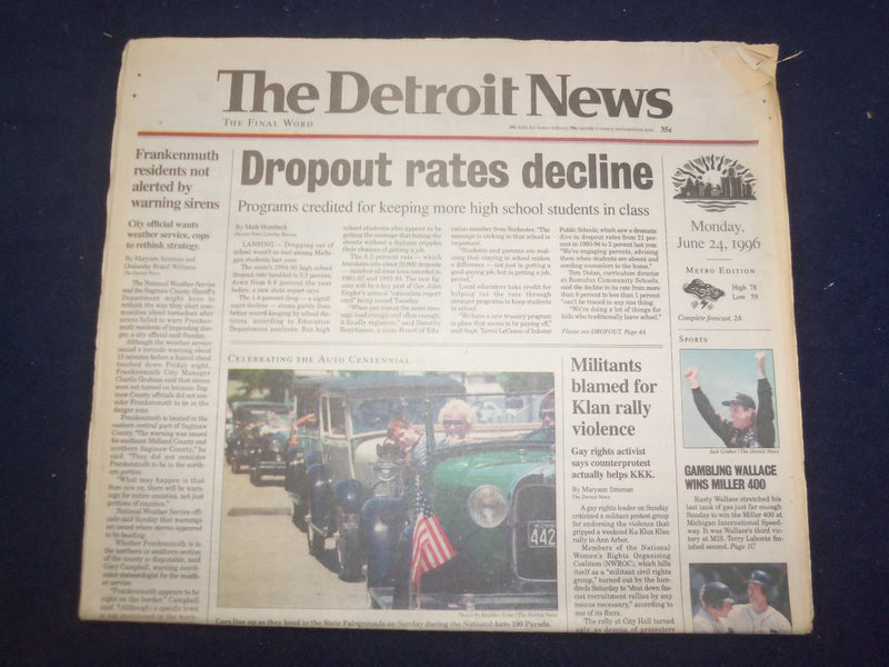 1996 JUNE 24 THE DETROIT NEWS NEWSPAPER - DROPOUT RATES DECLINE - NP 7193