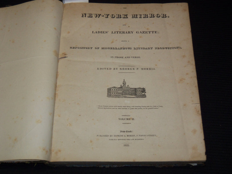 1824-1825 NEW YORK MIRROR AND LADIES GAZETTE BOUND VOLUME NO. 2 - KD 4675L