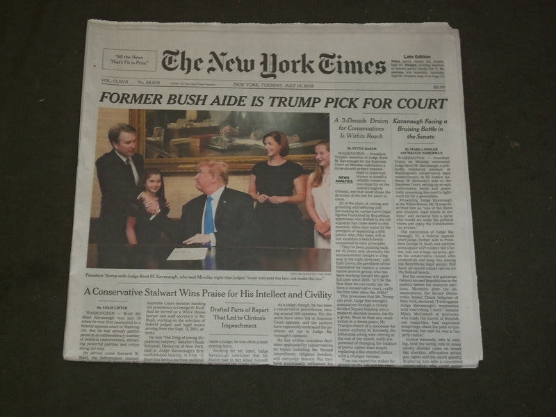 2018 JULY 10 NEW YORK TIMES - TRUMP PICKS BRETT KAVANAUGH FOR SUPREME COURT