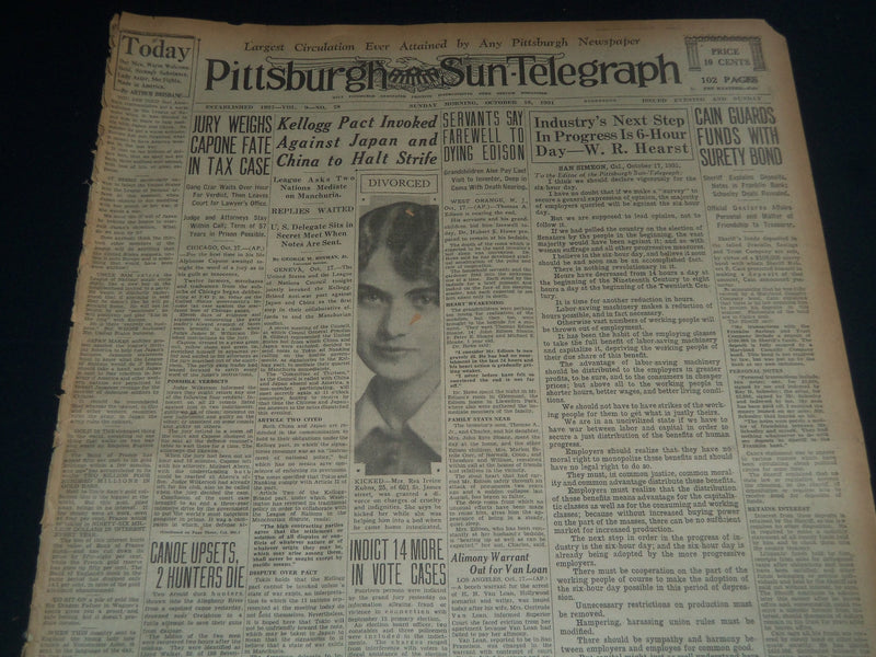 1931 OCT 18 PITTSBURGH SUN-TELEGRAPH - JURY WEIGHS CAPONE FATE IN TAX - NT 7534