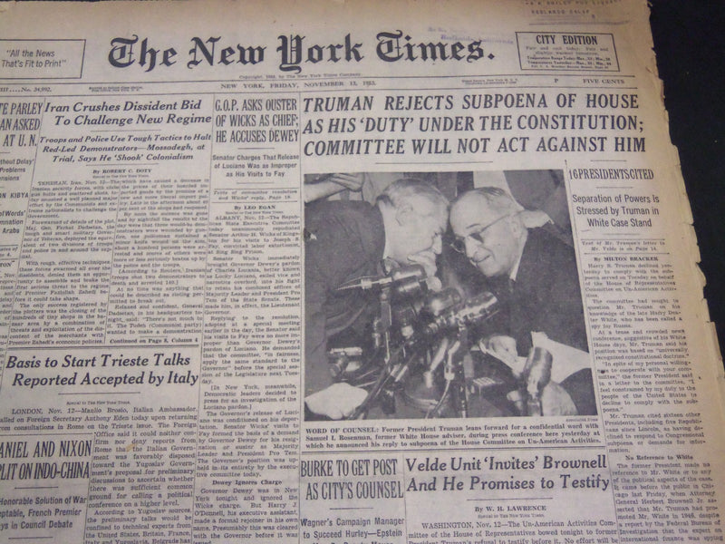 1953 NOVEMBER 13 NEW YORK TIMES - TRUMAN REJECTS SUBPOENA OF HOUSE - NT 4696